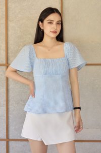 Dee Gingham Ruched Top in Blue