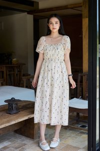 Kiraz Elastic Waist Floral Midi Dress In Cream