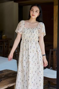 Kiraz Elastic Waist Floral Midi Dress In Cream