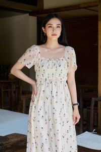 Kiraz Elastic Waist Floral Midi Dress In Cream