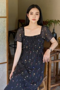 Kiraz Elastic Waist Floral Midi Dress In Black
