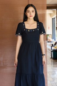 Pure Bliss Cross Stitch Embroidery Midi Dress In Navy