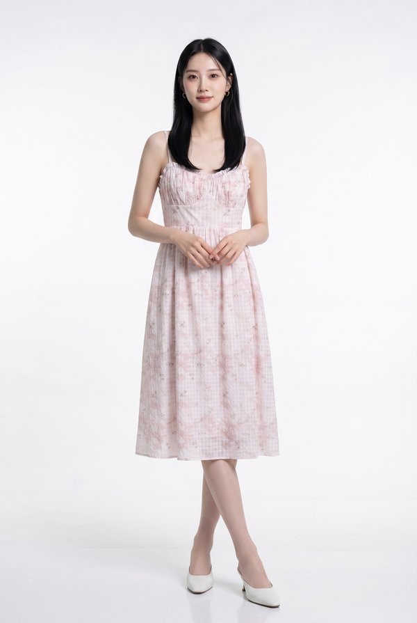 Kalena Ruched Embroidery Midi Dress In Pink
