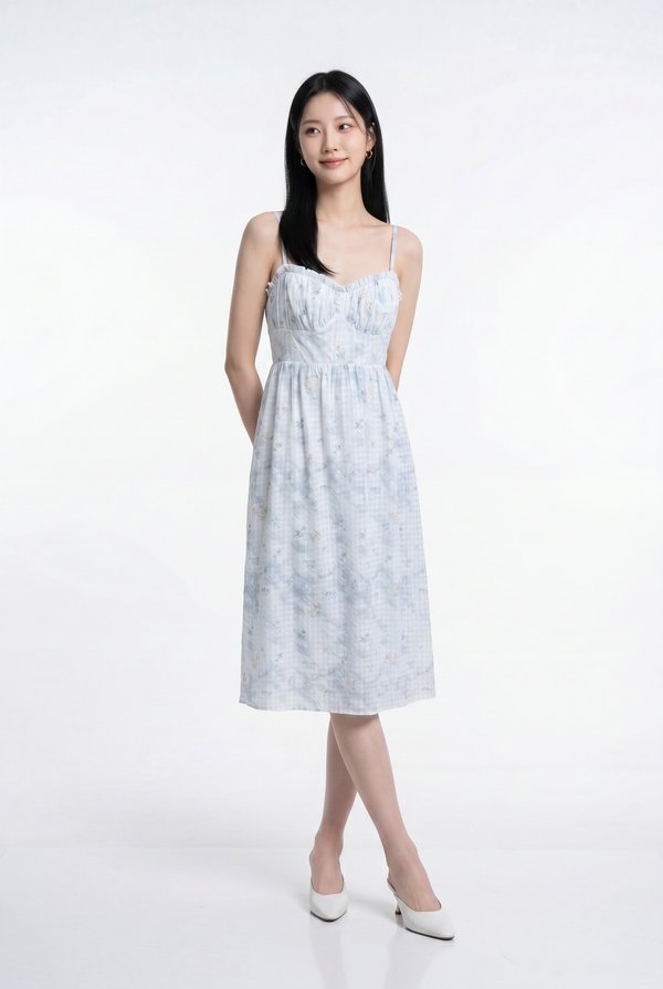 Kalena Ruched Embroidery Midi Dress In Blue