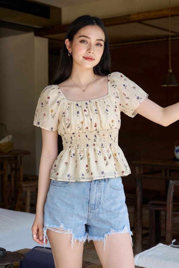 Kiraz Smocked Waist Floral Top In Cream