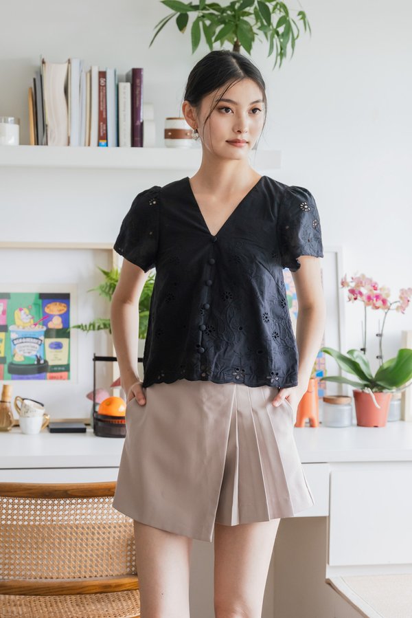 Callie Eyelet Button Top In Black