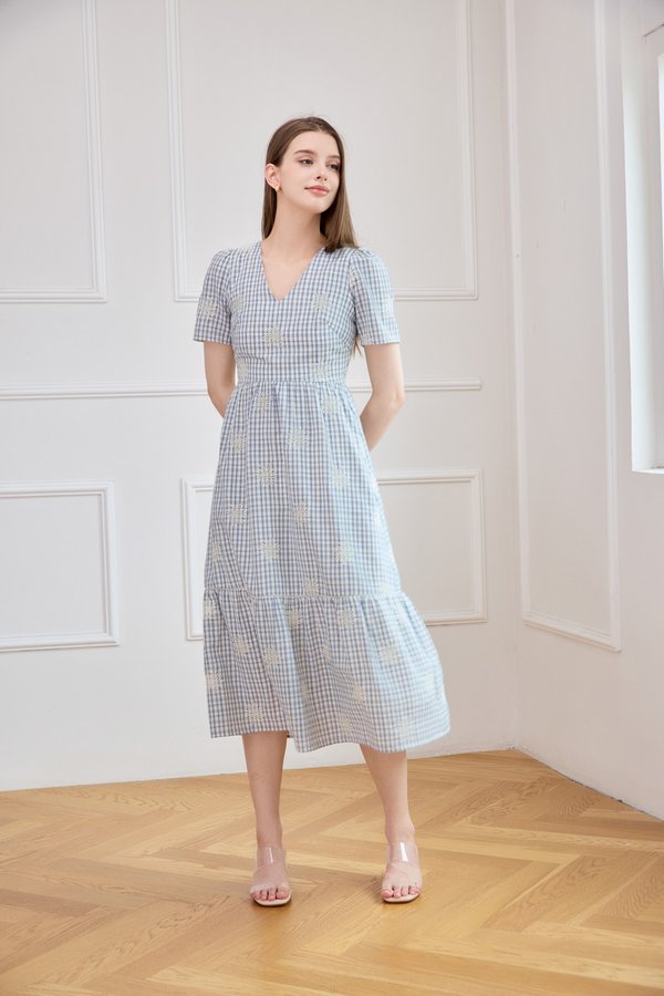 Zahra Textured Gingham Embroidery Midi Dress