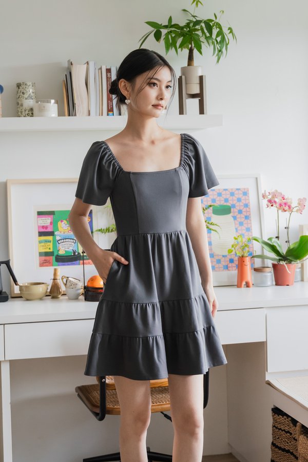 Zuri Cotton Tiered Dress In Gunmetal