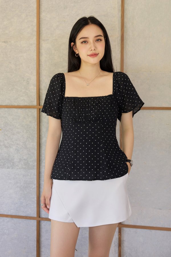 Dion Polka Dot Ruched Top in Black