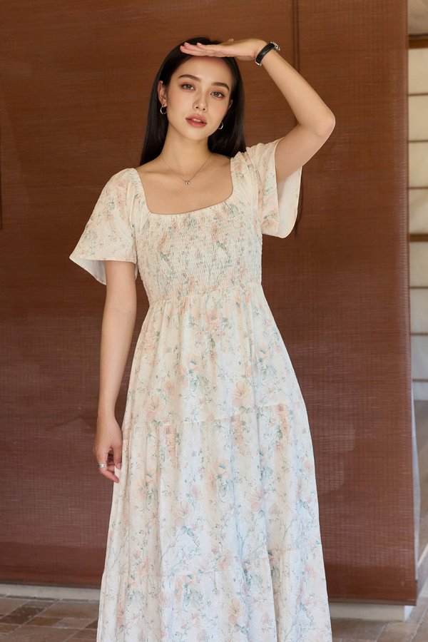 Cherish Vintage Smocked Floral Midi Dress