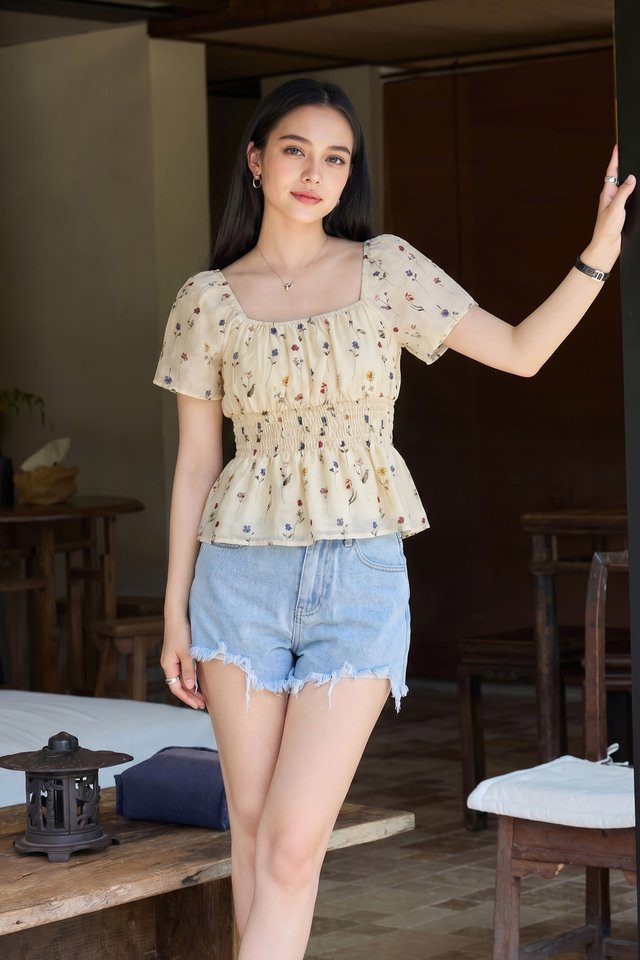 Kiraz Smocked Waist Floral Top In Cream