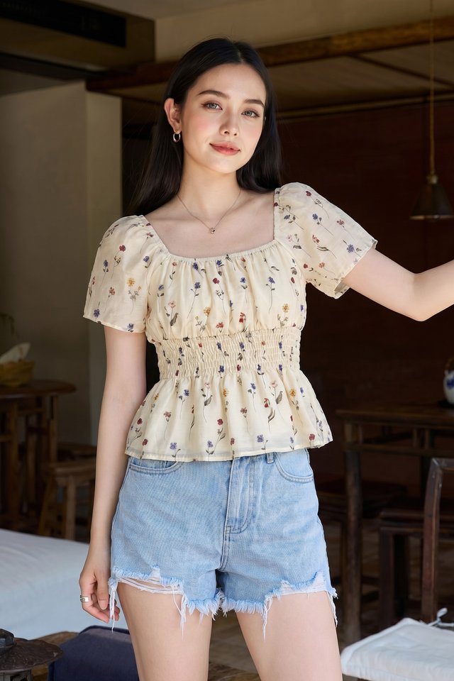 Kiraz Smocked Waist Floral Top In Cream