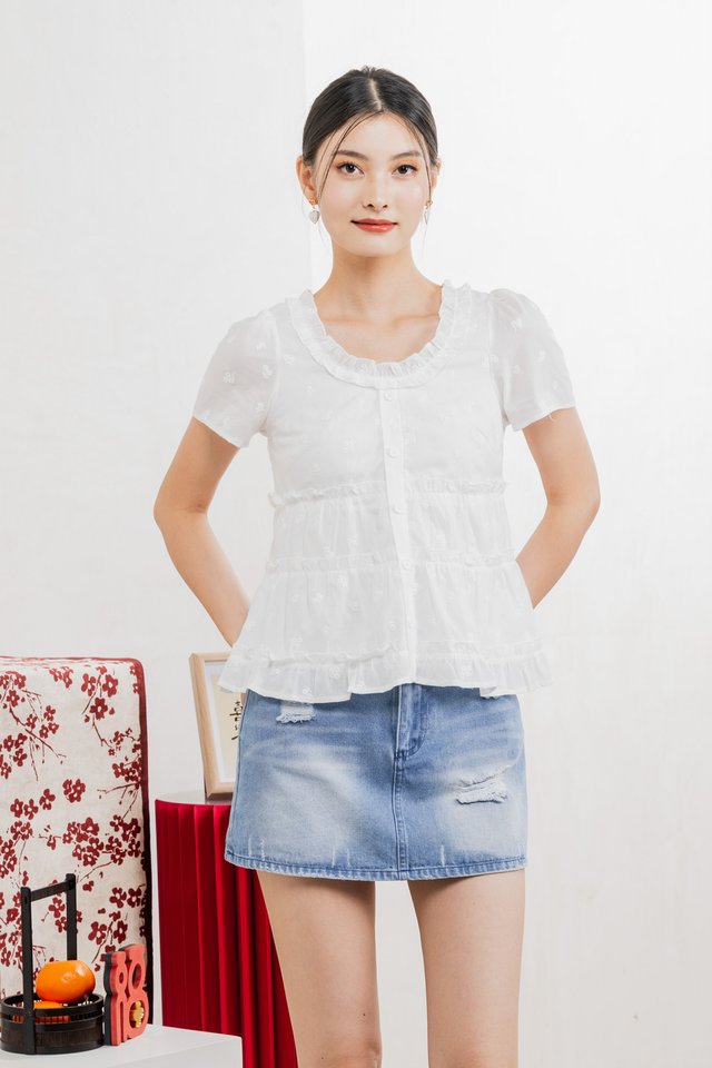 Julietta Eyelet Ruffles Button Top In White