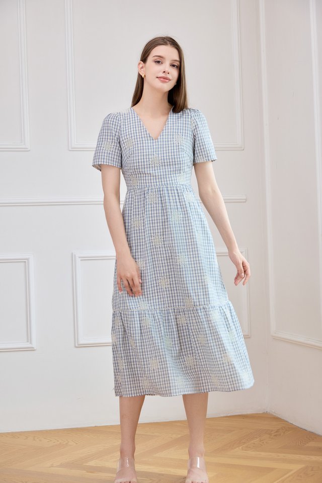 Zahra Textured Gingham Embroidery Midi Dress