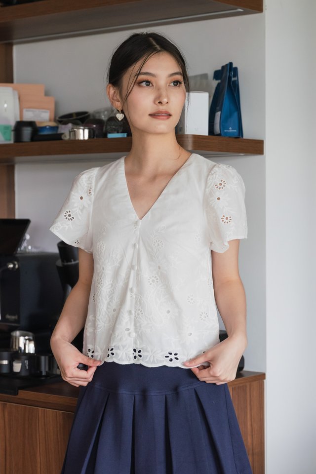 Callie Eyelet Button Top In White