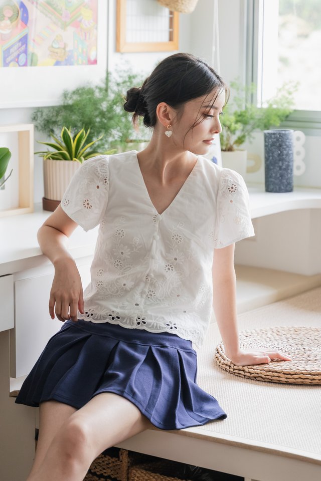 Callie Eyelet Button Top In White