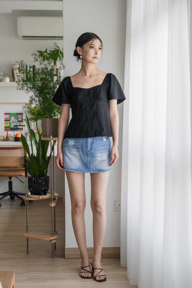 Pixie Crochet Button Top In Black