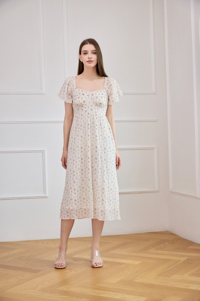 Yve Textured Fleur Midi Dress In White