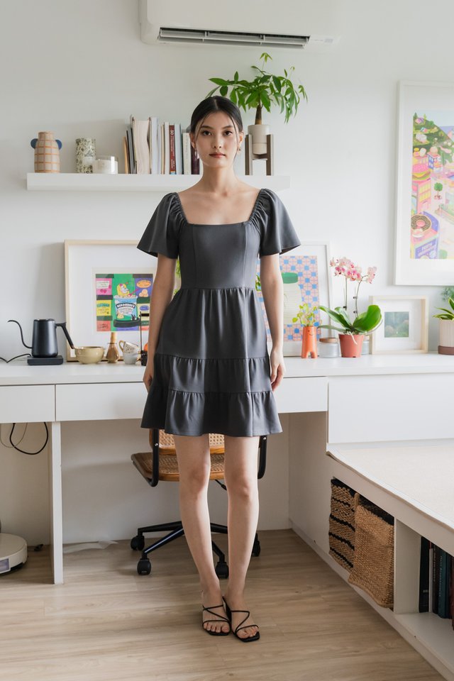 Zuri Cotton Tiered Dress In Gunmetal