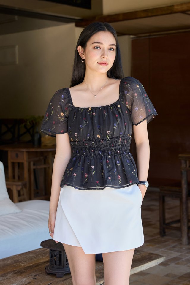 Kiraz Smocked Waist Floral Top In Black
