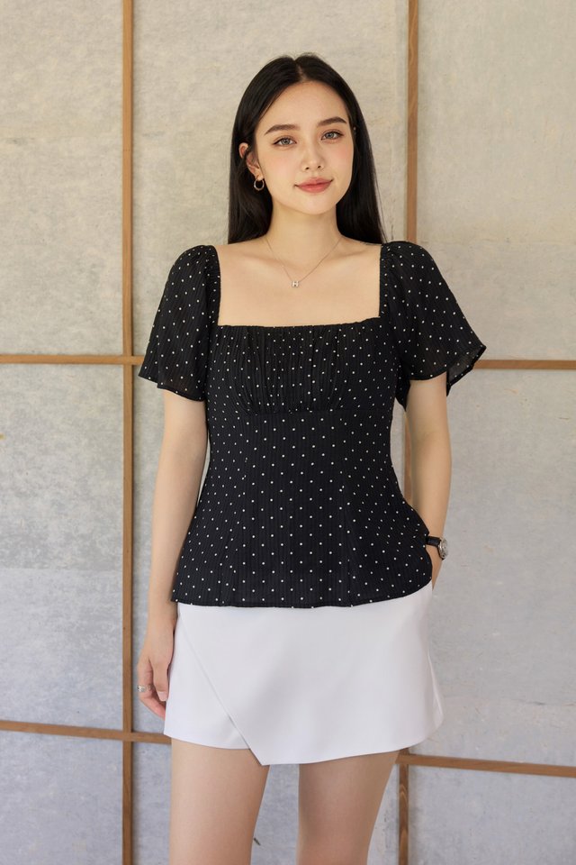 Dion Polka Dot Ruched Top in Black