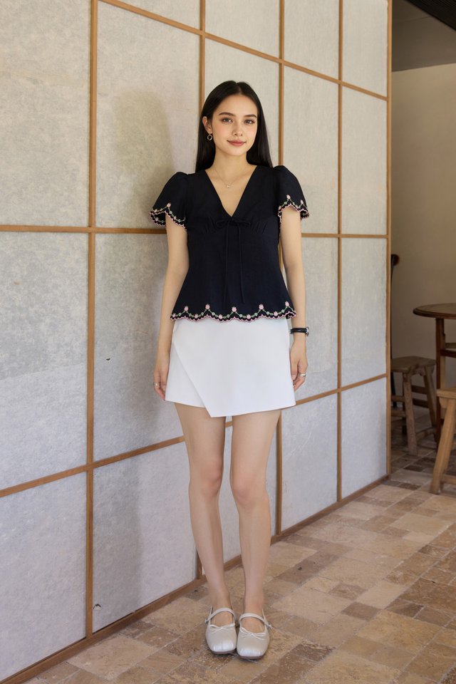 Pure Bliss Cross Stitch Ribbon Top In Navy