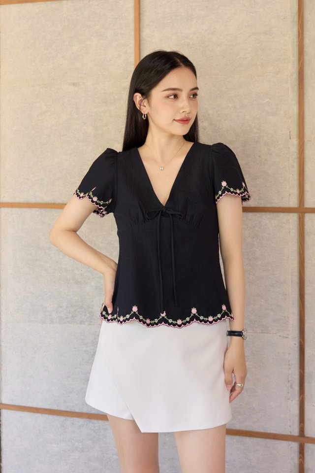 Pure Bliss Cross Stitch Ribbon Top In Navy