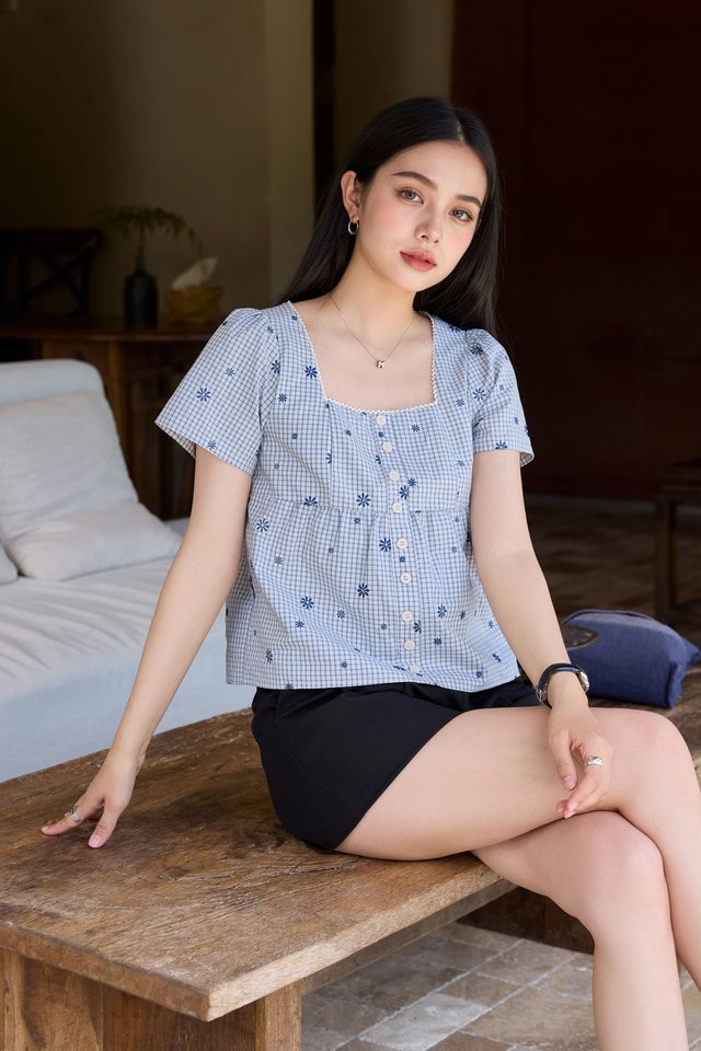 Ebba Checkered Embroidery Babydoll Top