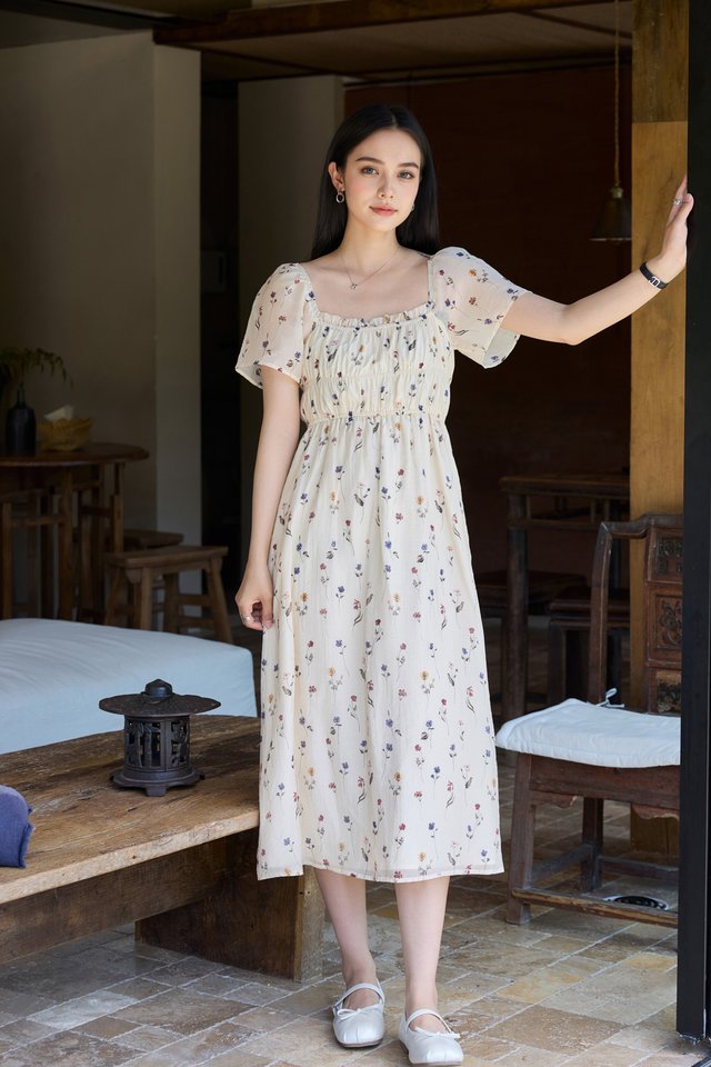 Kiraz Elastic Waist Floral Midi Dress In Cream
