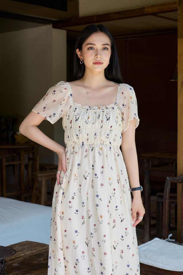 Kiraz Elastic Waist Floral Midi Dress In Cream