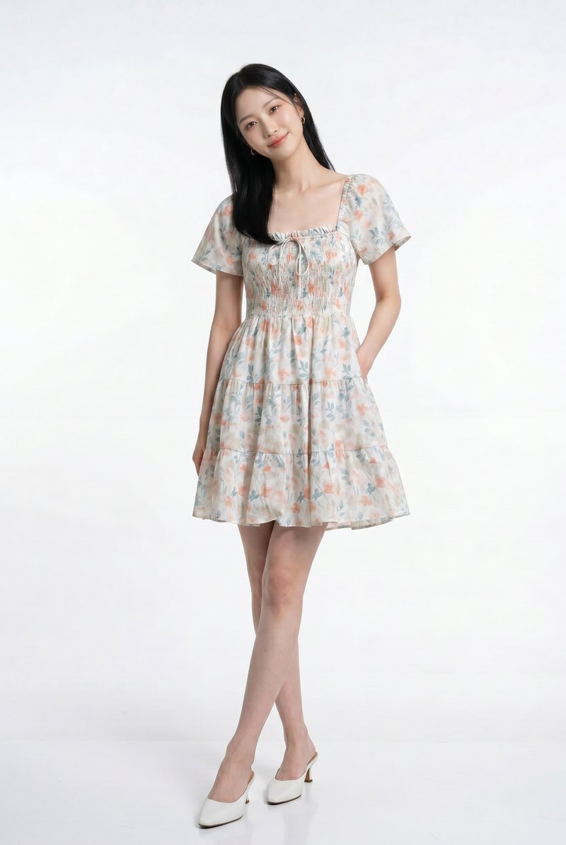 Clarita Smocked Ruffles Tier Dress In Peach