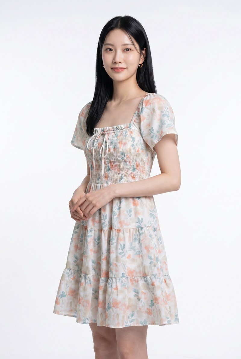 Clarita Smocked Ruffles Tier Dress In Peach