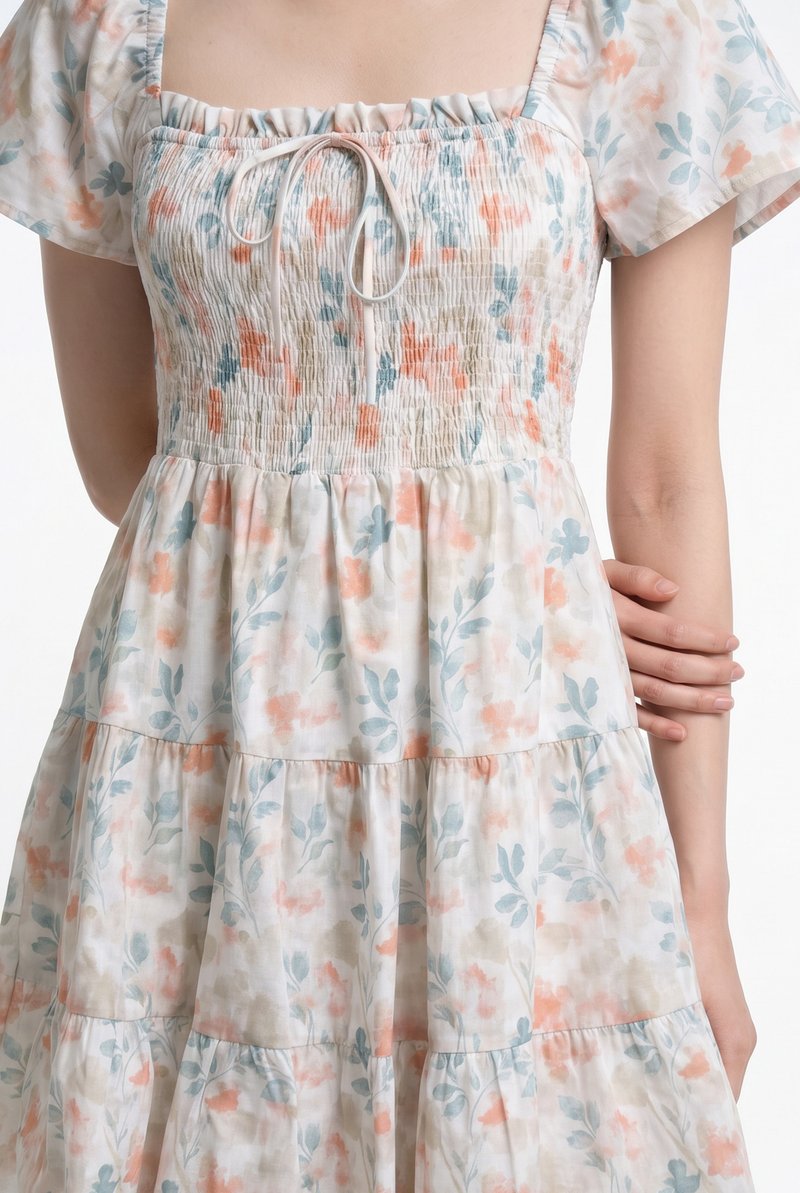 Clarita Smocked Ruffles Tier Dress In Peach