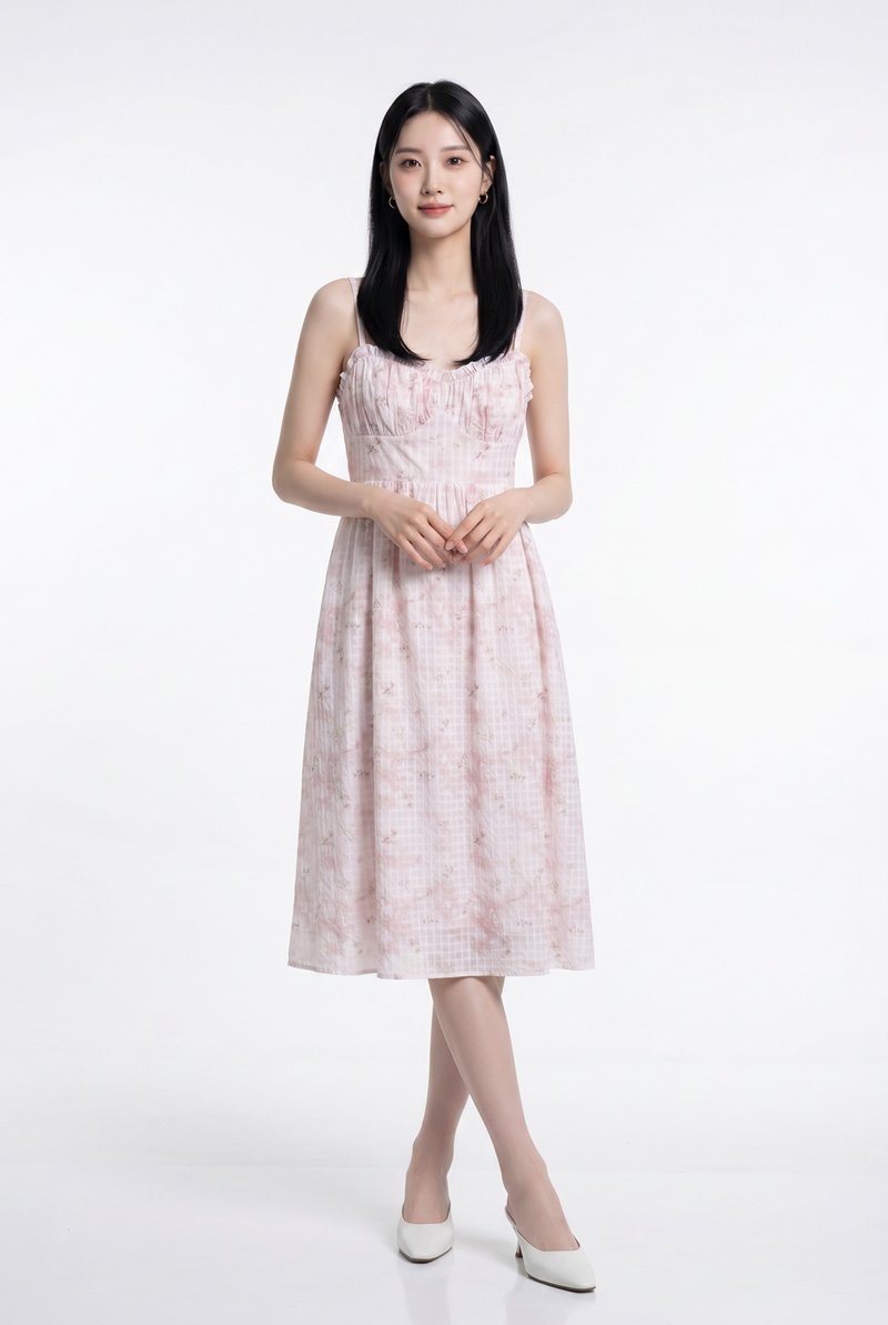 Kalena Ruched Embroidery Midi Dress In Pink