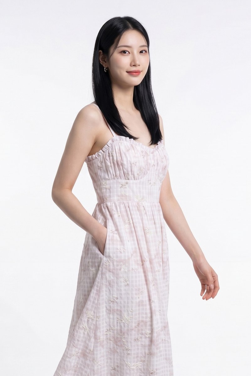 Kalena Ruched Embroidery Midi Dress In Pink