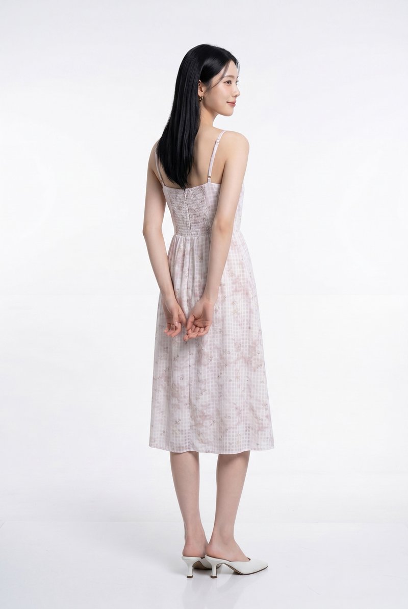 Kalena Ruched Embroidery Midi Dress In Pink