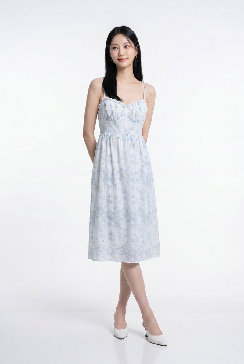 Kalena Ruched Embroidery Midi Dress In Blue