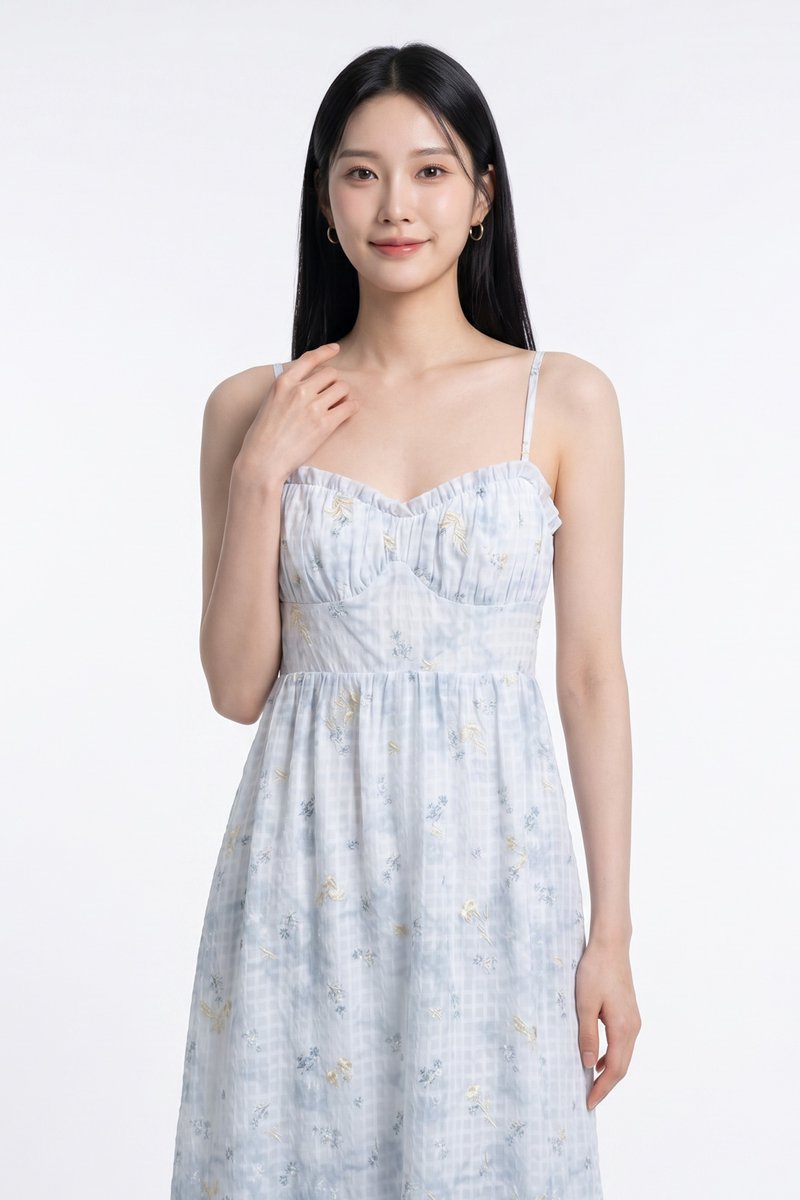 Kalena Ruched Embroidery Midi Dress In Blue