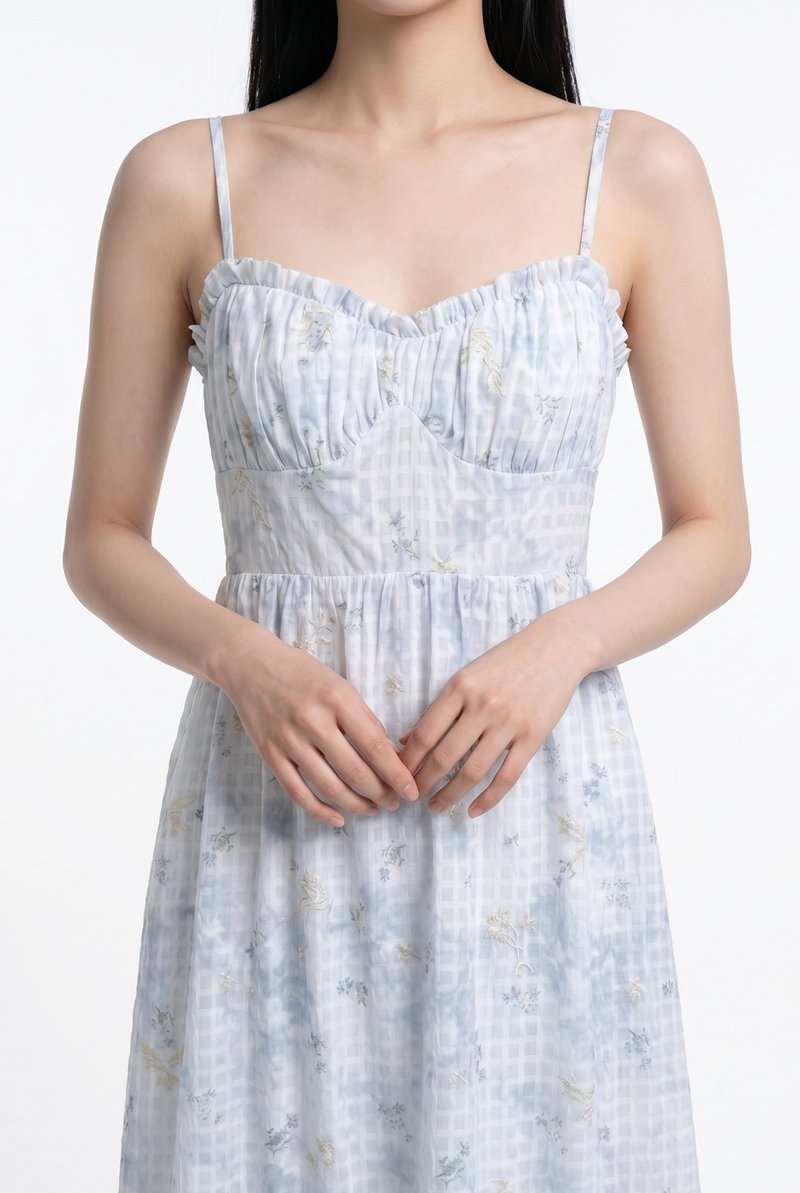 Kalena Ruched Embroidery Midi Dress In Blue