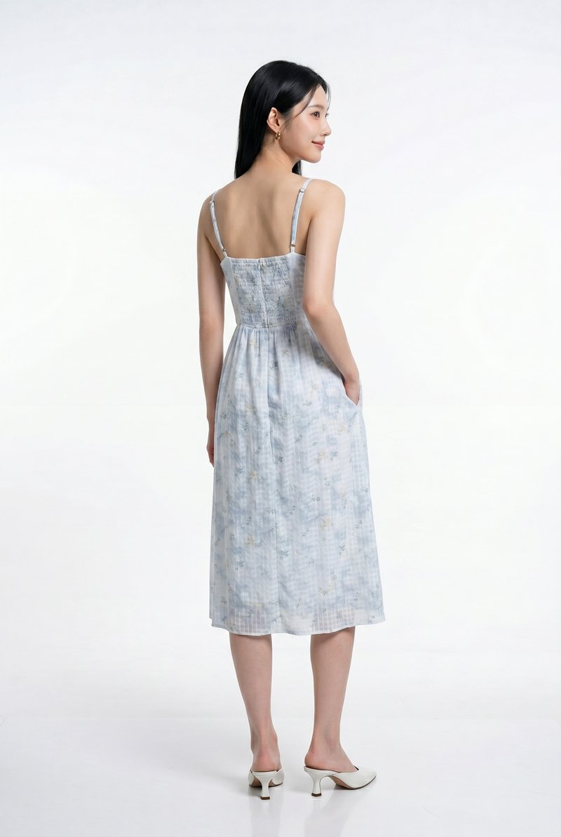 Kalena Ruched Embroidery Midi Dress In Blue
