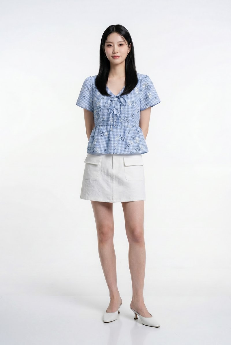 Emory Gingham Ribbon Top In Blue