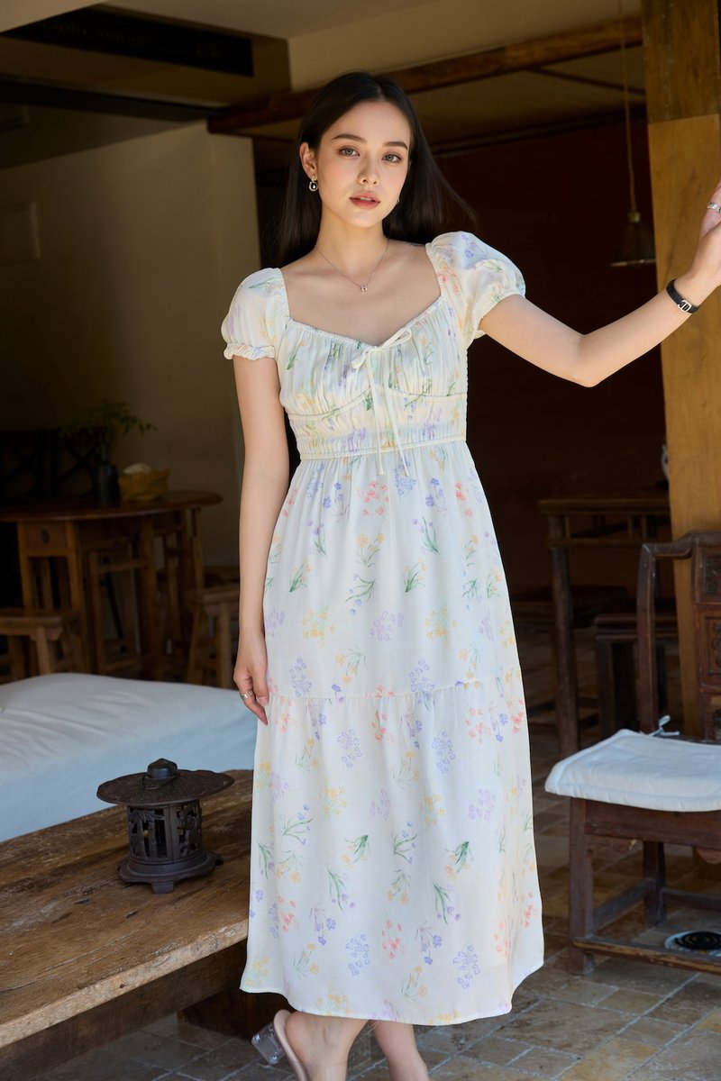 Villa Watercolor Ruched Midi Dress