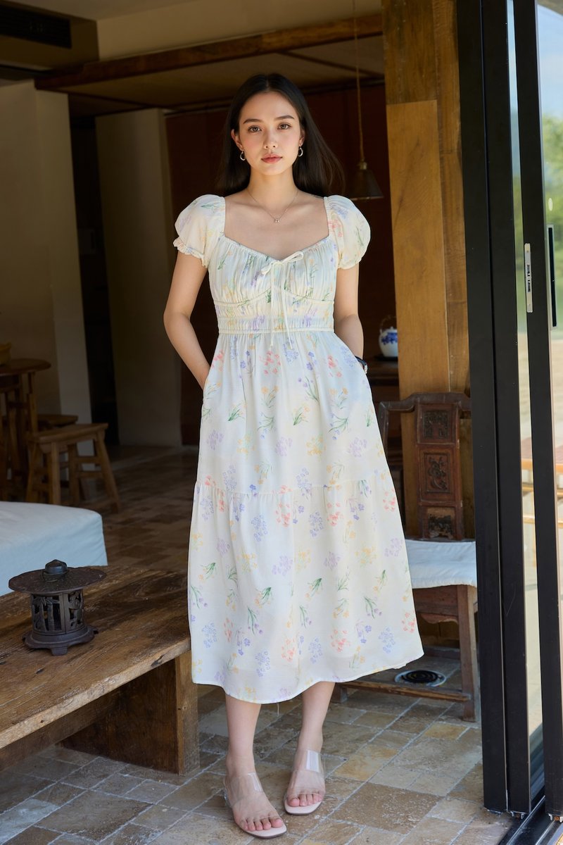 Villa Watercolor Ruched Midi Dress