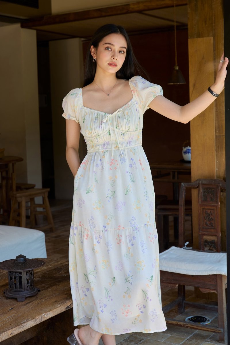 Villa Watercolor Ruched Midi Dress