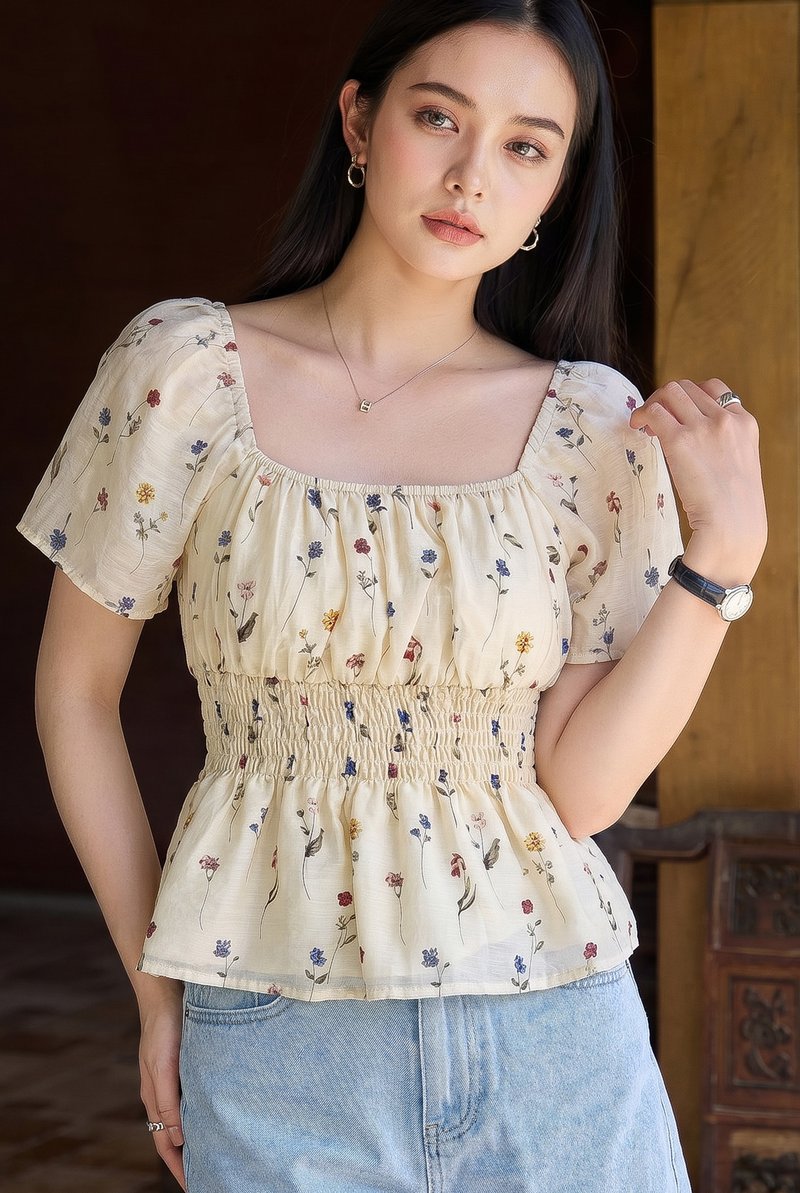 Kiraz Smocked Waist Floral Top In Cream