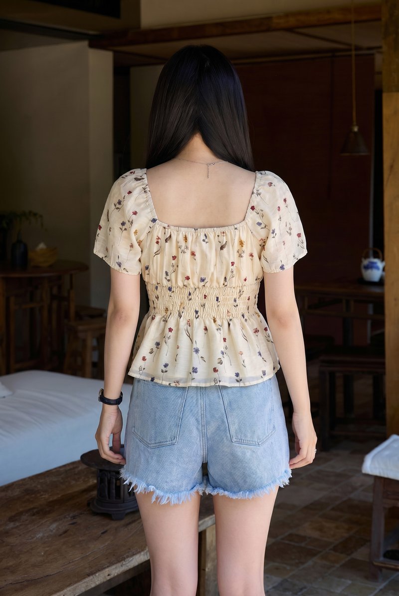 Kiraz Smocked Waist Floral Top In Cream