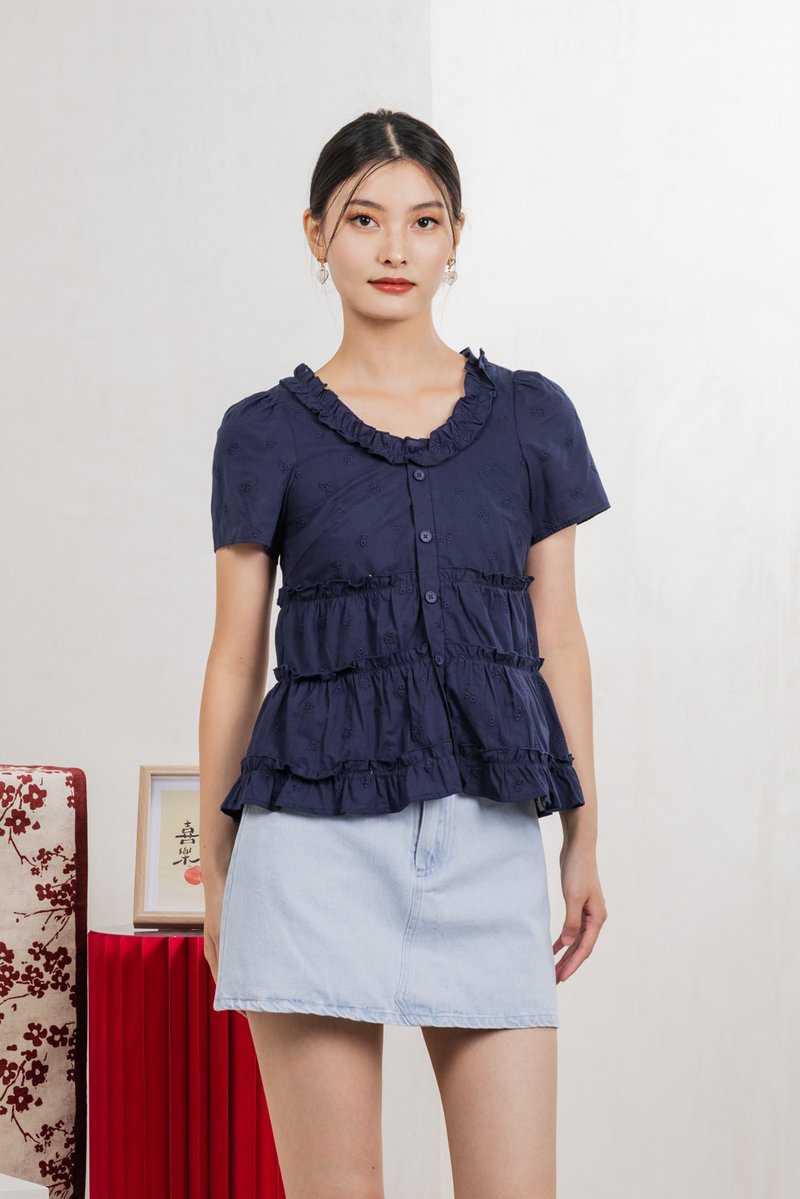 Julietta Eyelet Ruffles Button Top In Navy