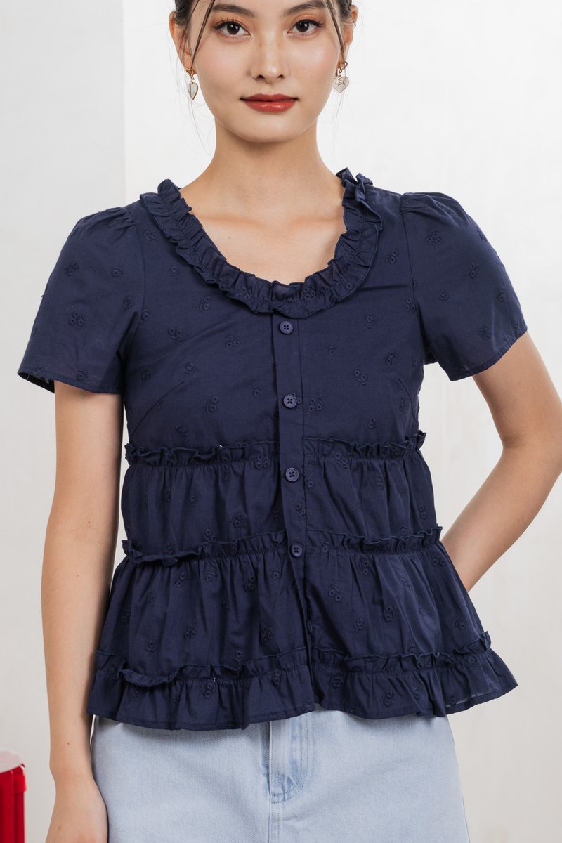 Julietta Eyelet Ruffles Button Top In Navy