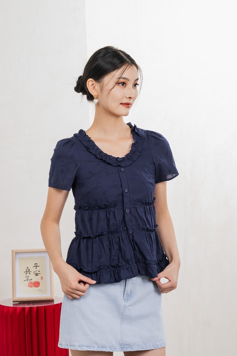 Julietta Eyelet Ruffles Button Top In Navy