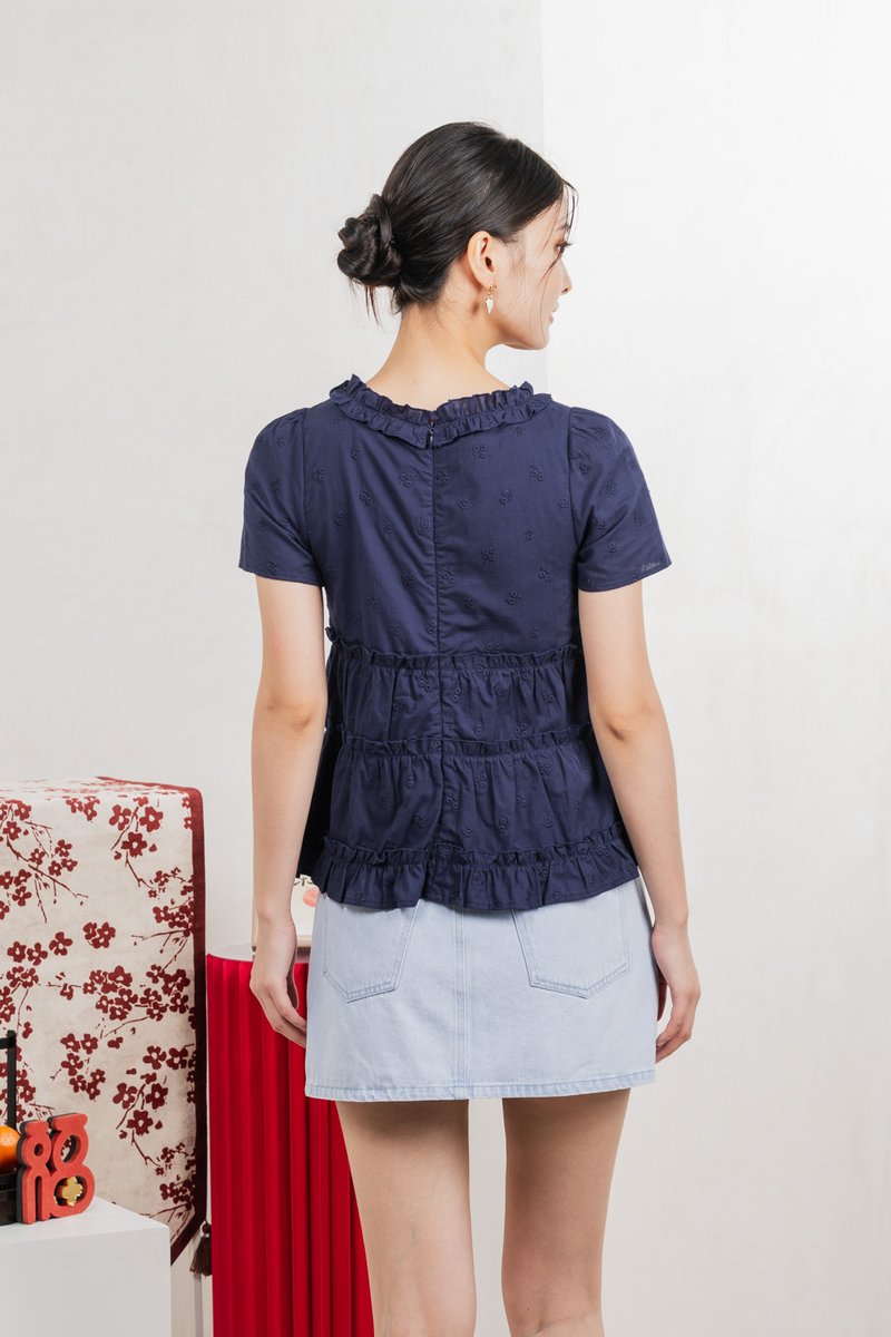 Julietta Eyelet Ruffles Button Top In Navy